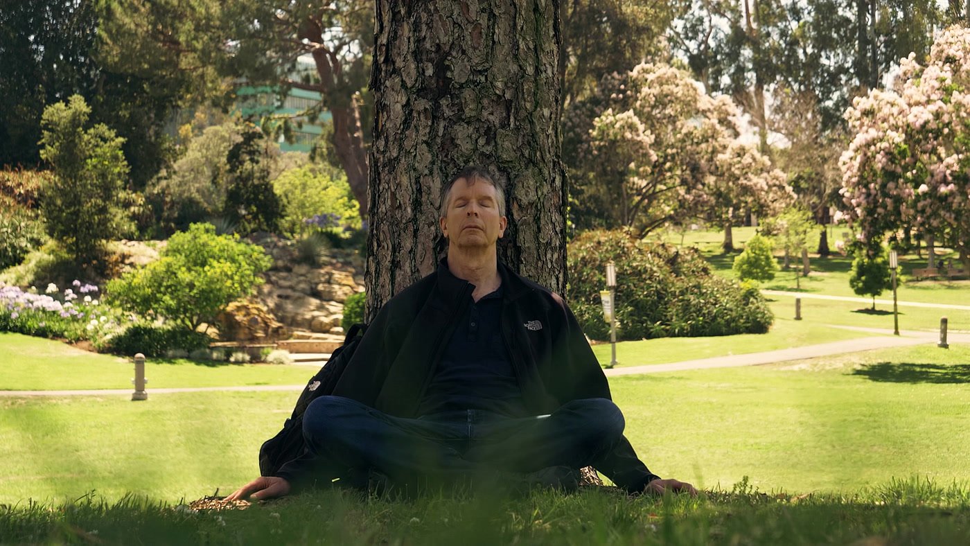 Donald Hoffman meditating under a tree